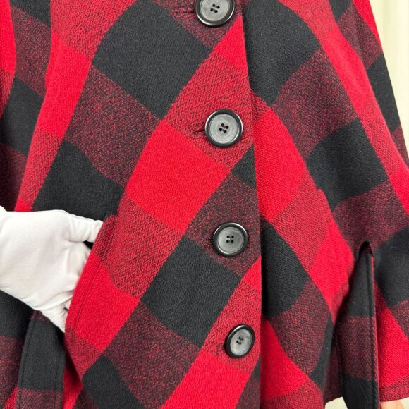 NWOT FUDA Plaid Wool Cape Poncho Shawl Coat Red Black Buffalo Size Large Y2K - Picture 11 of 12